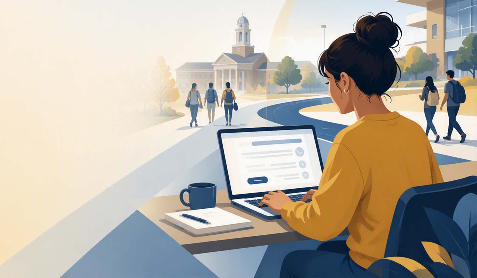 animated graphic of student over looing college campus