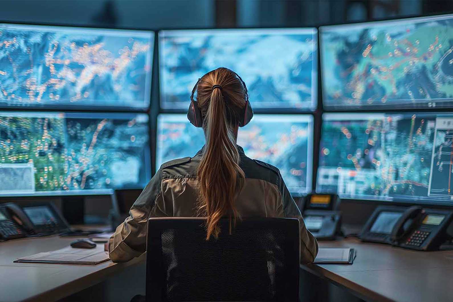 911 dispactcher in front of computers open to city maps