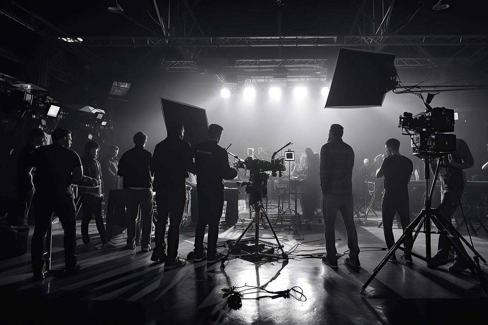 black and white image of movie studio filming