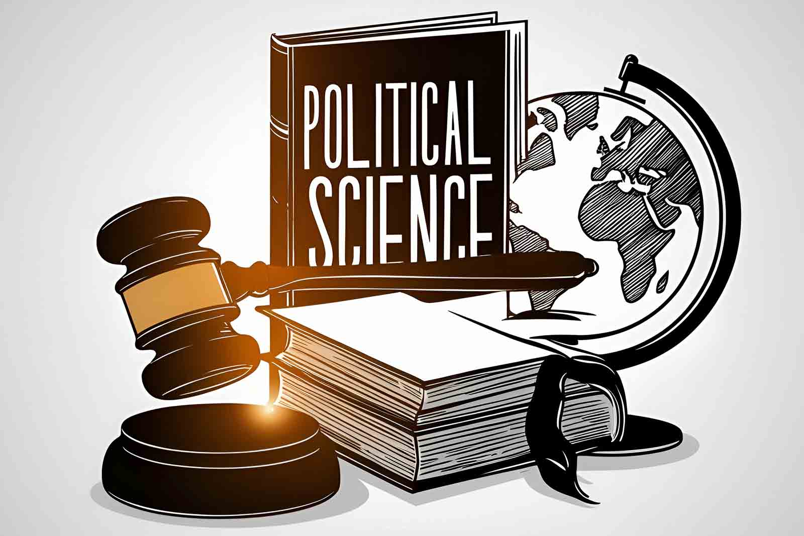 drawing of a gavel, book with the words political science, and globe