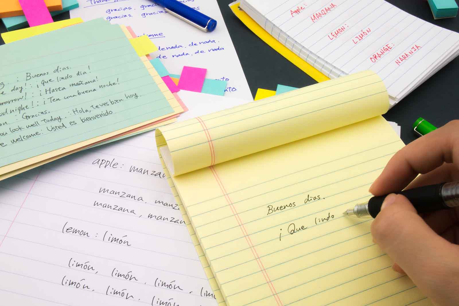 spanish words on a pad of paper